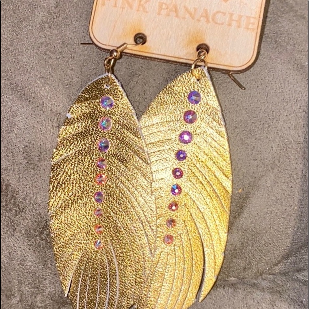 GOLD FEATHER EARRINGS RHINESTONES DOWN THE MIDDLE